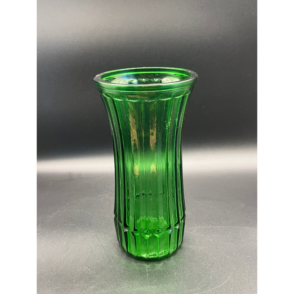 VTG‎ Green Hoosier Ribbed Glass Flower Floral Arrangement Vase 8.5" x 4" Decor